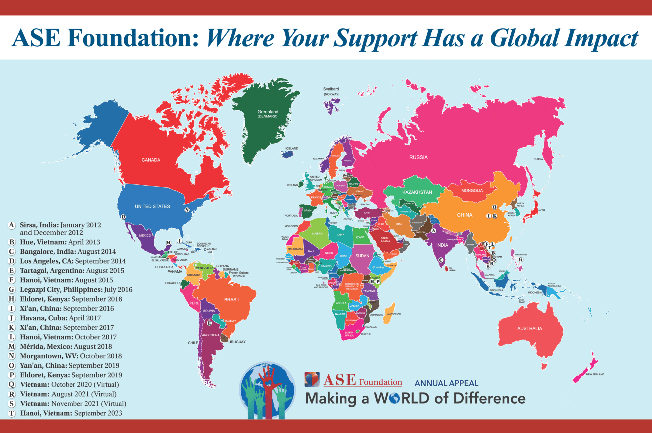 A world map showing ASE global impact sign
